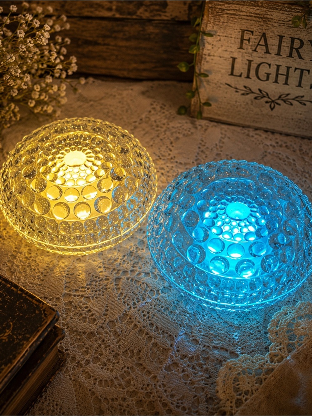 Pair of Bubble Glass Fairy Lamps Cottagecore Trinket Dishes LED Glow Set